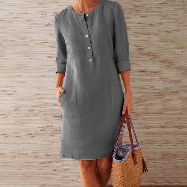 Women Casual Solid Long Sleeve Cotton and Linen Tunic Dress