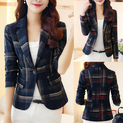 Office Fashion Women Plaid Print Jacket Suit Slim Business Jacket Ladies Fashion Blazer