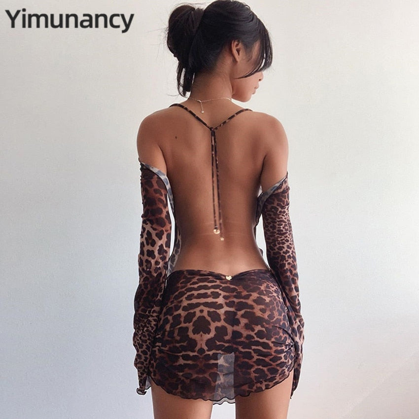 Yimunancy Leopard Print Backless Long Sleeve Mesh Halter Transparent Sexy Club Dress