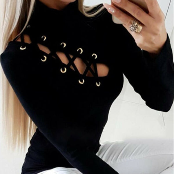 Sexy Hollow Out Slim Fit Long Sleeve Fashion Evening Party Club Wear Casual Round Neck T-Shirt Top