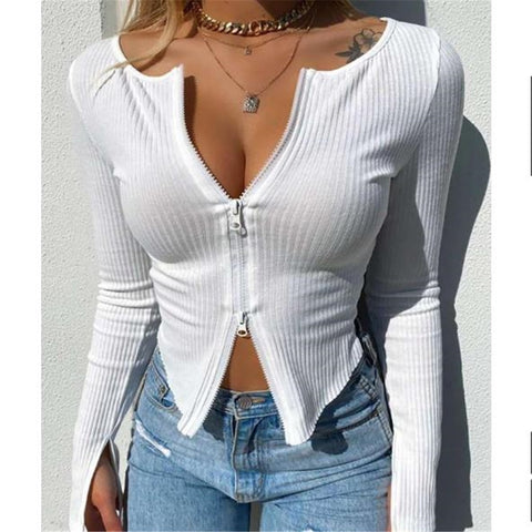 Women Double Zipper Long Sleeve Short Slim Coat Jacket Solid Sexy Ribbed Knit Sweater