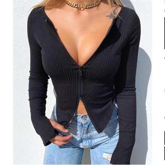 Women Double Zipper Long Sleeve Short Slim Coat Jacket Solid Sexy Ribbed Knit Sweater