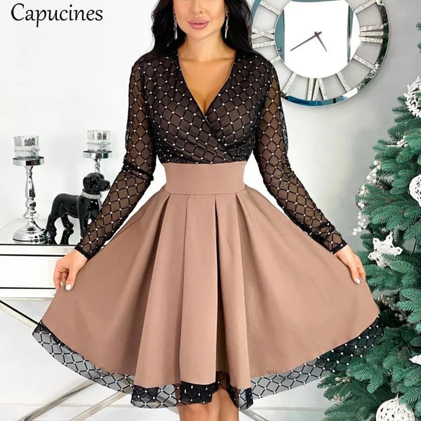 Capucines Fashion Shiny Sequin Diamond Mesh Stitching Sheer Long Sleeve Belted Slim A Line Dress