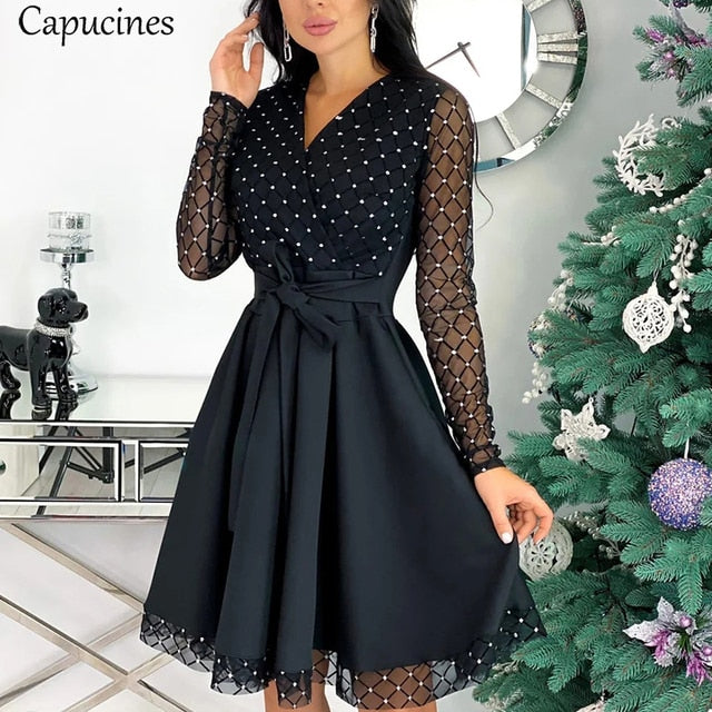 Capucines Fashion Shiny Sequin Diamond Mesh Stitching Sheer Long Sleeve Belted Slim A Line Dress