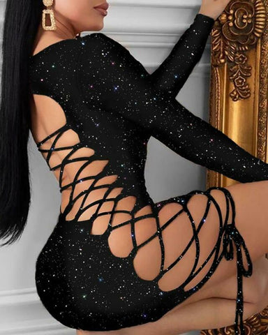 Long Sleeve Dress Bandage Bodycon Evening Party Club Hollow out Lace Up Dress