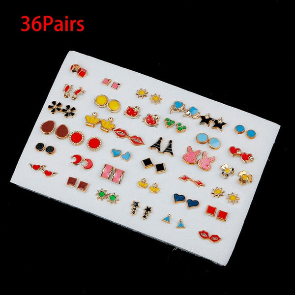 36/18/12Pairs Earrings Mixed Styles Rhinestone Sun Flower Geometric Animal Plastic Stud Earrings Set