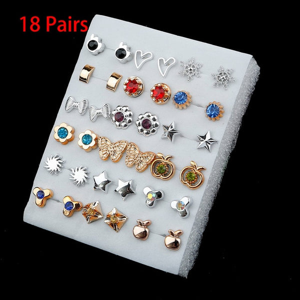 36/18/12Pairs Earrings Mixed Styles Rhinestone Sun Flower Geometric Animal Plastic Stud Earrings Set