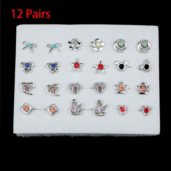 36/18/12Pairs Earrings Mixed Styles Rhinestone Sun Flower Geometric Animal Plastic Stud Earrings Set