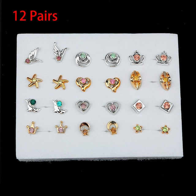 36/18/12Pairs Earrings Mixed Styles Rhinestone Sun Flower Geometric Animal Plastic Stud Earrings Set