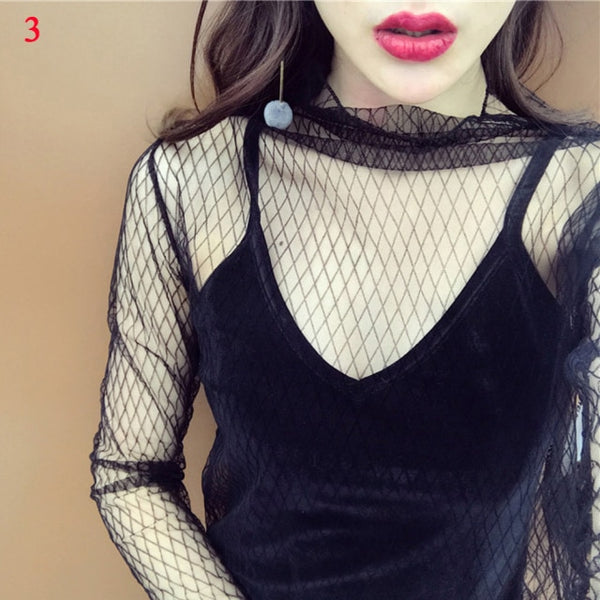Hot Sexy Long Sleeve See Through Mesh Fishnet Casual Top