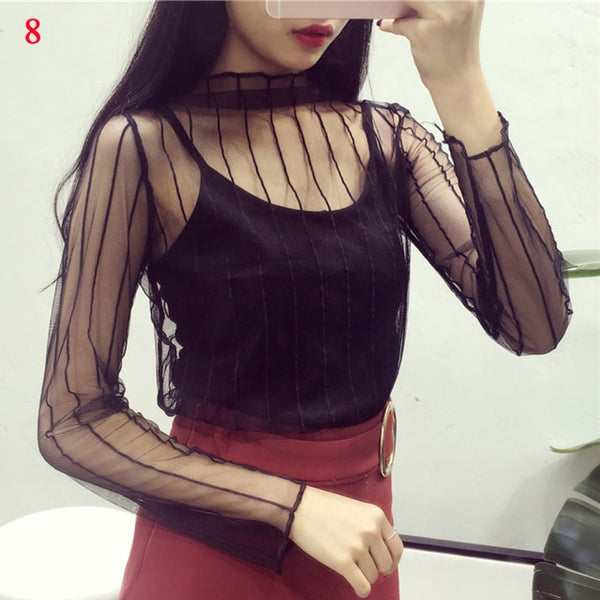 Hot Sexy Long Sleeve See Through Mesh Fishnet Casual Top