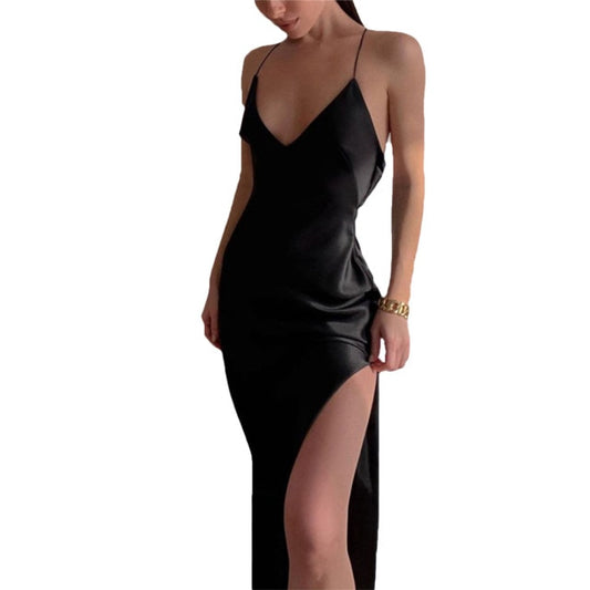 Satin Silky Spaghetti Strap Split Long Elegant Sleeveless Backless Club Party Beach Sexy Dress