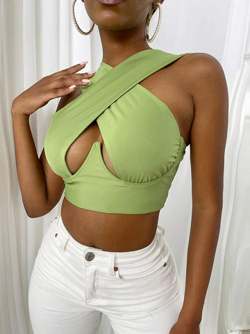 X Tank Sexy Sleeveless Solid Color Cutout Front Crop Top Party Club Streetwear