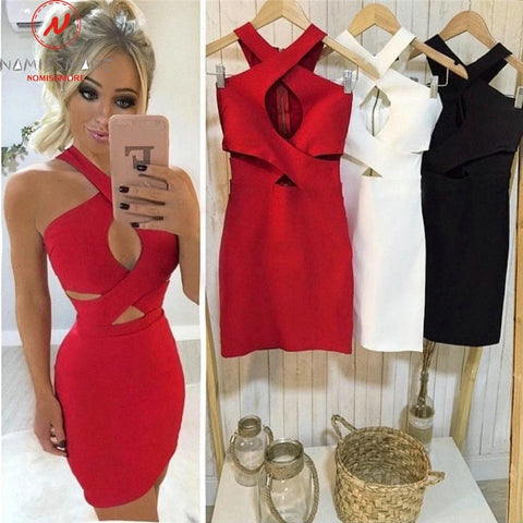 Solid Color Pencil Party Night Club Hollow Out Design Halter Sleeveless V-Neck Slim Hips Mini Dress