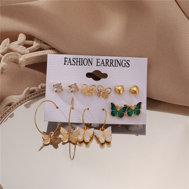 Vintage Geometric Gold Metal Earring Set Punk Pearl Dangle Drop Earring Set