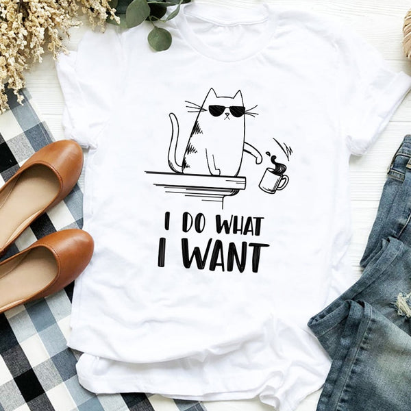 Women Cat Funny Coffee Short Sleeve Cute Printed Casual T-shirt
