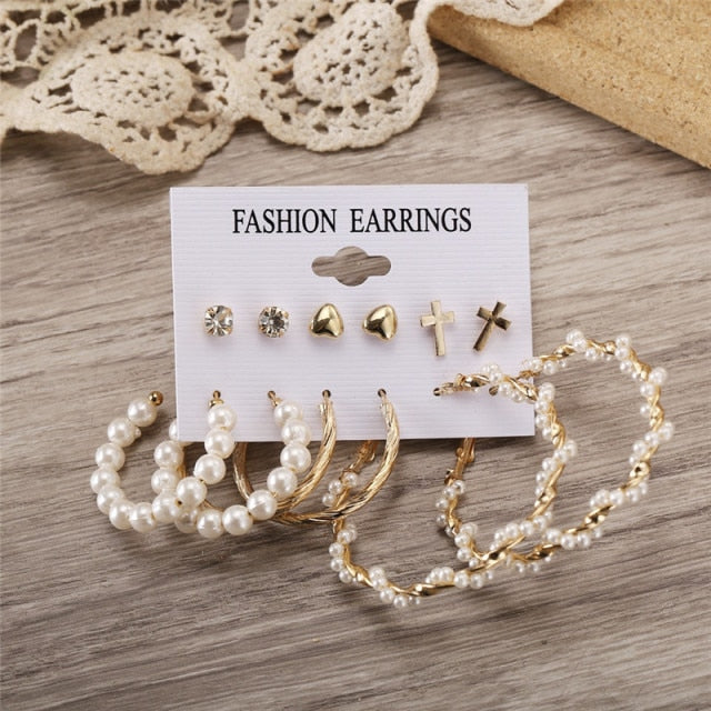 Vintage Geometric Gold Metal Earring Set Punk Pearl Dangle Drop Earring Set