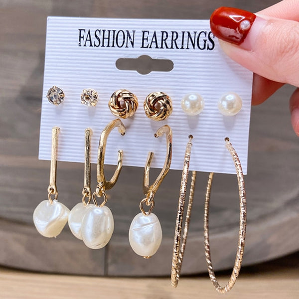 Vintage Geometric Gold Metal Earring Set Punk Pearl Dangle Drop Earring Set