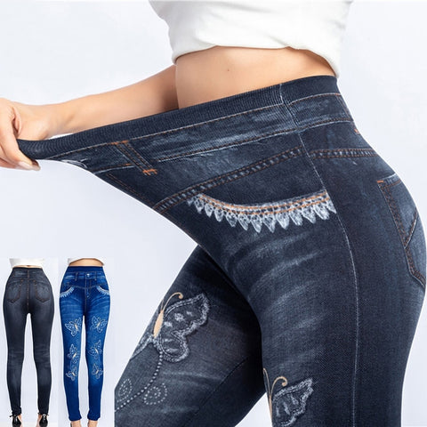 High Waist Fake Jeans Leggings Butterfly Print Ankle Length Super Stretchy Skinny Imitation Jeans Leggings