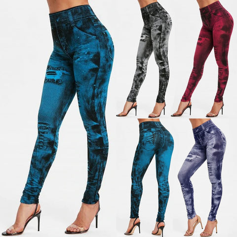 Sexy Elastic Imitation Faux Jeans Leggings High Waist Fitness Slim Leggings Sport Push Up Leggings