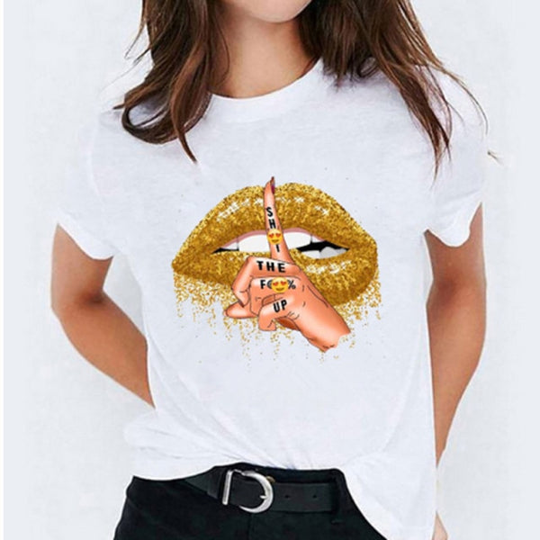 Letters Lips Printed Casual Tee Short Sleeve T Shirt