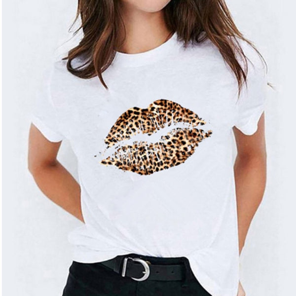 Letters Lips Printed Casual Tee Short Sleeve T Shirt