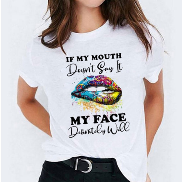 Letters Lips Printed Casual Tee Short Sleeve T Shirt