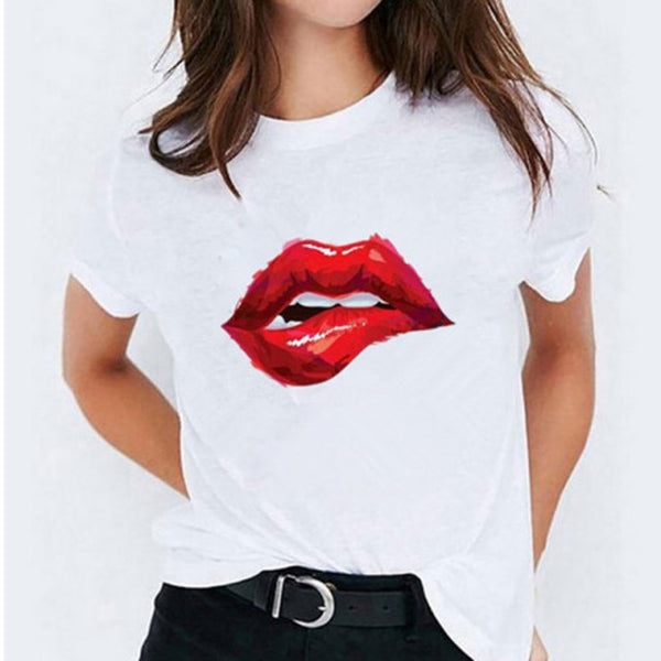 Letters Lips Printed Casual Tee Short Sleeve T Shirt