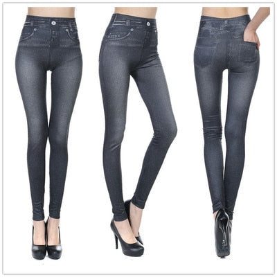 Fashion Faux Denim Jeans Leggings Sexy Long Pocket Printing Leggings