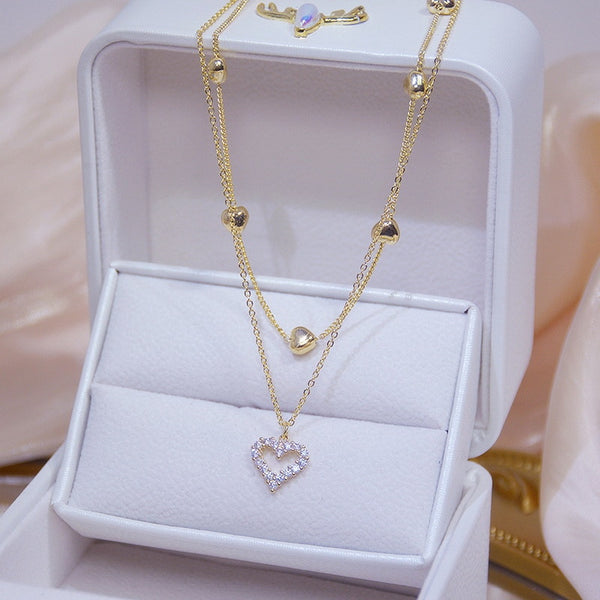 Gold Color Double Layer Heart Necklace Shining Bling AAA Zircon Women Clavicle Chain Elegant Charm Wedding Pendant Jewelry Gift