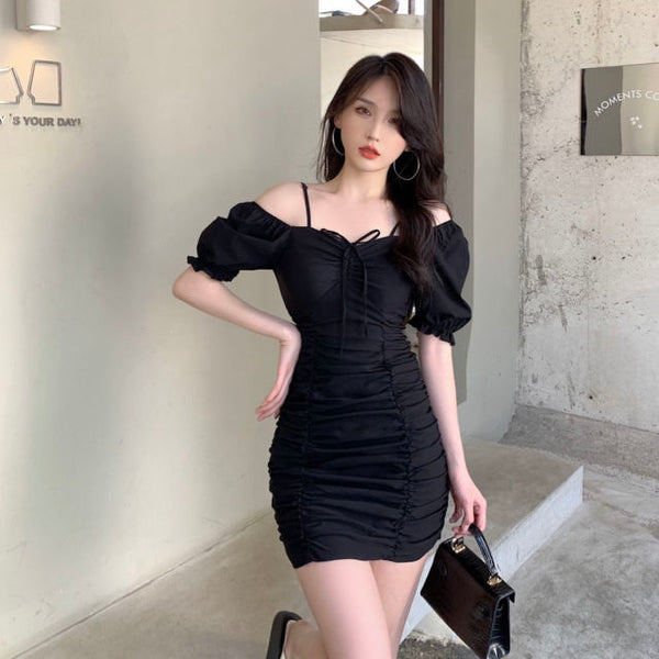 Slim Party Fashion All-match Puff Sleeve Casual Korean Style Shirring Cozy Retro Dress