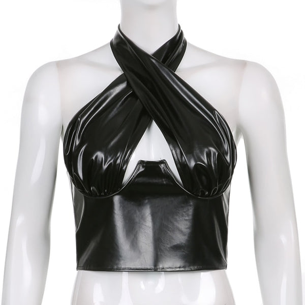 Sexy Shiny Black PU Leather Cross Halter Crop Cut Out Front Tube Party Club Backless Tank Top