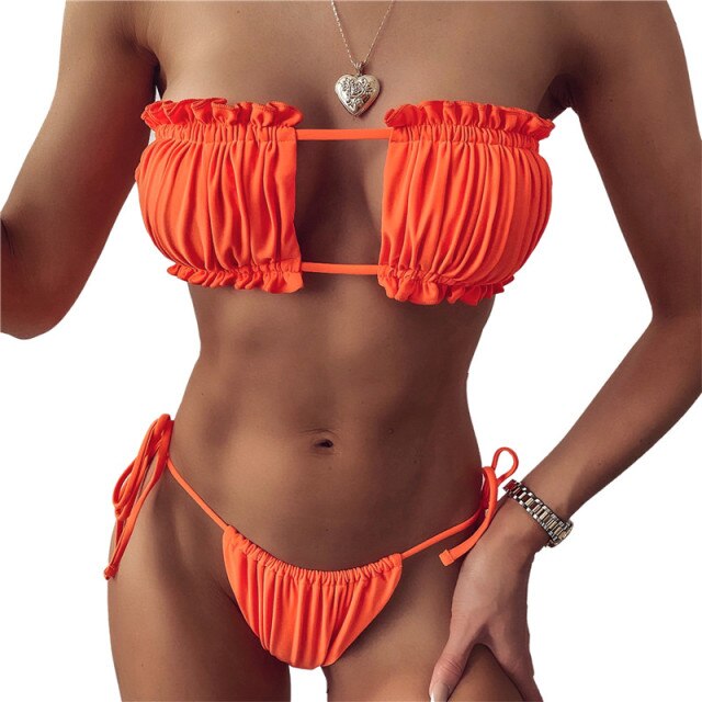 Women Tube Bikini Set Hollow Fold Decoration Adjustable Strap Bras