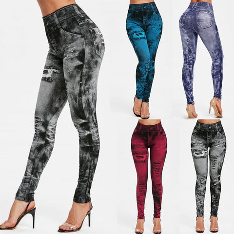 Legging Faux Denim Jeans Legging Pocket Printing Legging Casual High Waist Pencil Pant Legging