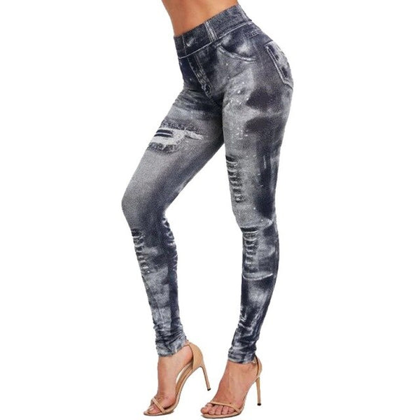 Legging Faux Denim Jeans Legging Pocket Printing Legging Casual High Waist Pencil Pant Legging