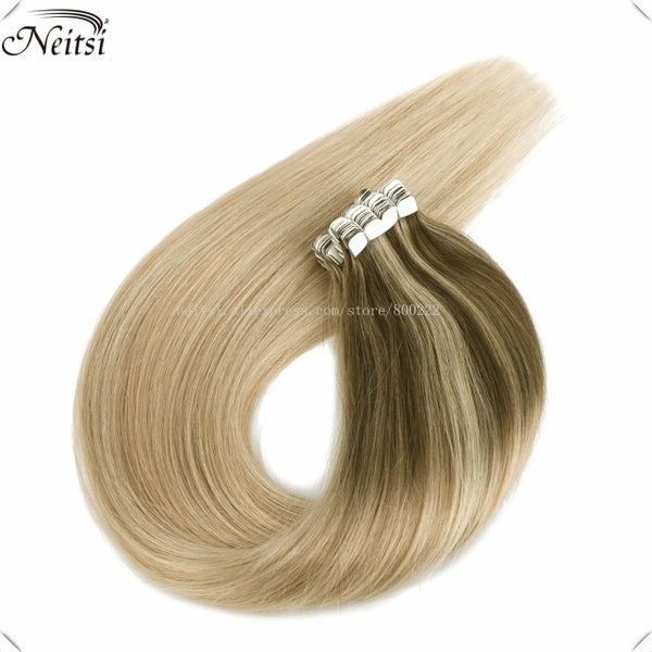 Neitsi 12" 16" 20" Ombre Color Mini Tape In Human Hair Adhesive Extensions Straight Skin Weft 100% Natural Real Balayage Hair