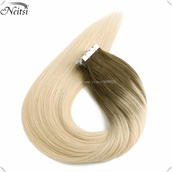 Neitsi 12" 16" 20" Ombre Color Mini Tape In Human Hair Adhesive Extensions Straight Skin Weft 100% Natural Real Balayage Hair