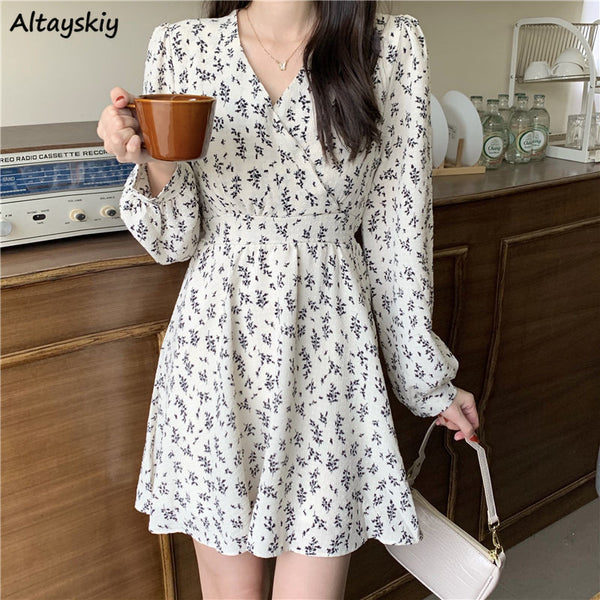 Print V-neck Korean Style Elegant Leisure All-match Trendy Soft Design Chic Dress