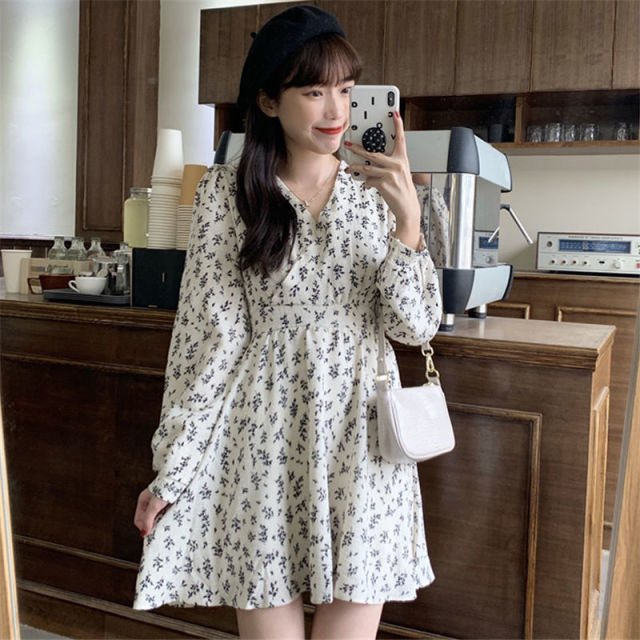 Print V-neck Korean Style Elegant Leisure All-match Trendy Soft Design Chic Dress