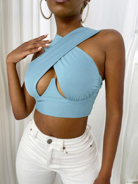 X Tank Sexy Sleeveless Solid Color Cutout Front Crop Top Party Club Streetwear