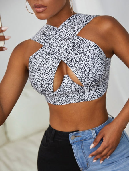 X Tank Sexy Sleeveless Solid Color Cutout Front Crop Top Party Club Streetwear