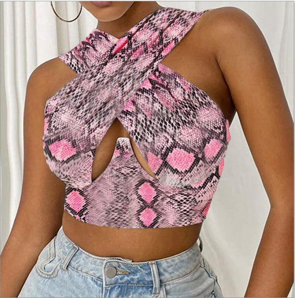 X Tank Sexy Sleeveless Solid Color Cutout Front Crop Top Party Club Streetwear