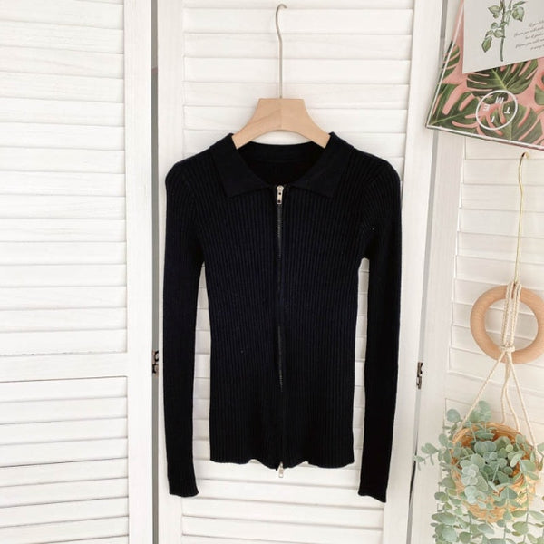SINGREINY Zipper Knitted Turndown-Collar Long Sleeve Elastic Knitted Winter Fashion Sweater