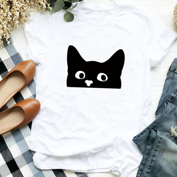Women Cat Funny Coffee Short Sleeve Cute Printed Casual T-shirt