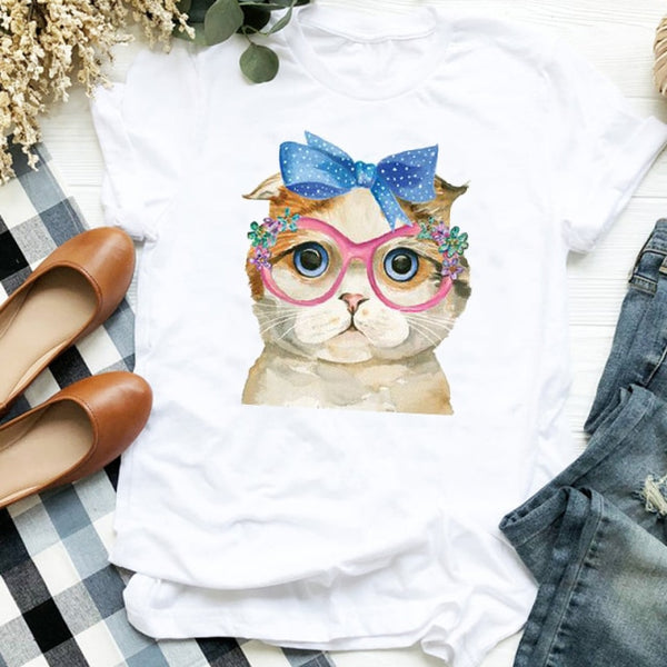 Women Cat Funny Coffee Short Sleeve Cute Printed Casual T-shirt