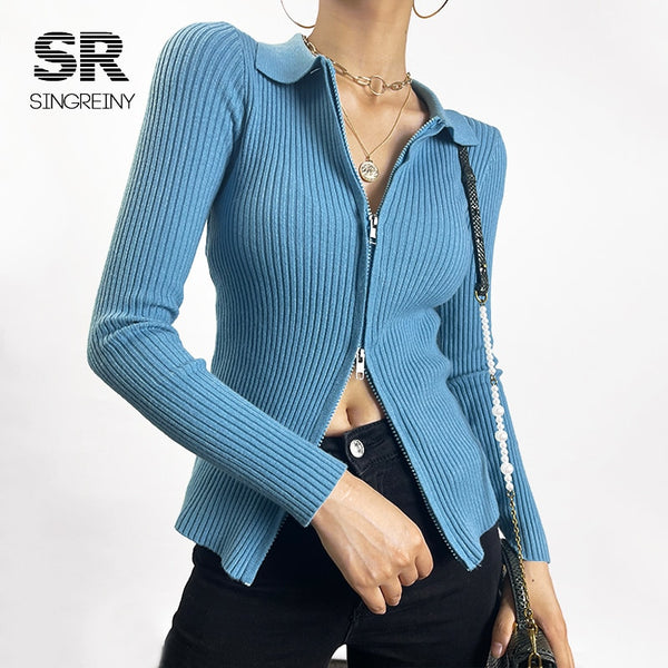 SINGREINY Zipper Knitted Turndown-Collar Long Sleeve Elastic Knitted Winter Fashion Sweater
