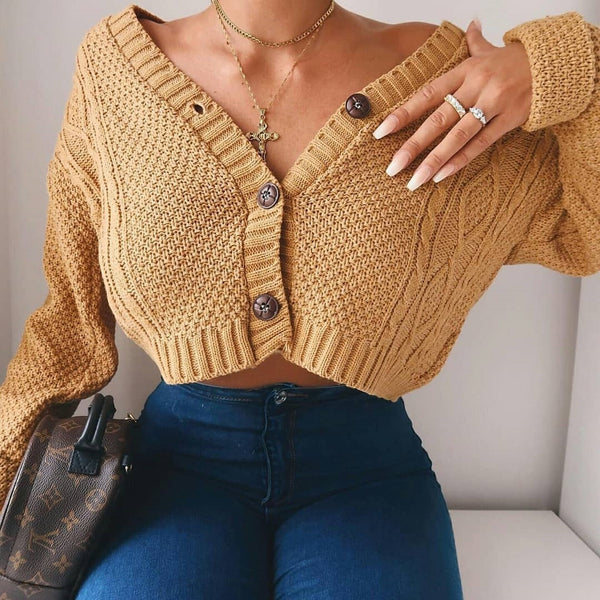 New Chic Women Cropped Knitwear Short Cardigan Long Sleeve Twist Crochet Top