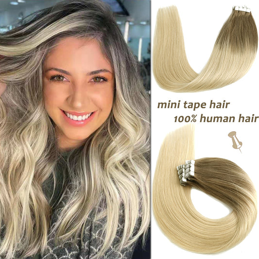 WIT Tape In Hair Extensions Remy Natural Hair Extensions Human Hair Straight Seamless Invisible 10- 22 inch Adhesive Skin Weft