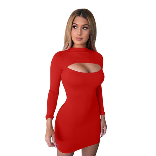 Bodycon Mini Dress Sexy Half High Neck Bust Hollow Out Long Sleeve Solid Elegant Club Mini Dress