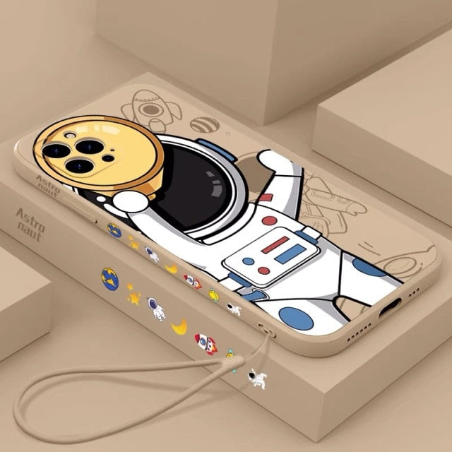 Cute Astronaut Hand Lanyard Phone Case For iPhone 13 12 11 Pro Max XS Max XR X 8 7 Plus Liquid Silicon Soft Bumper Back Cover